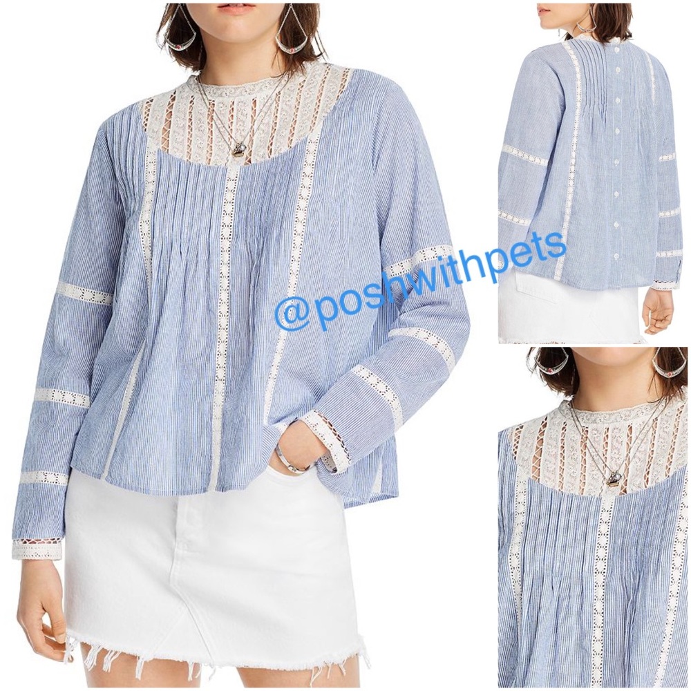 Lini NWT Bloomingdale's Alice Lace Inset Pin Striped Back Button Blouse Blue New